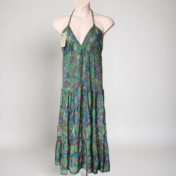Just Cruising Boho Paisley Halter Maxi Dress Green Pink Tiered Festival One Size - Picture 2 of 6